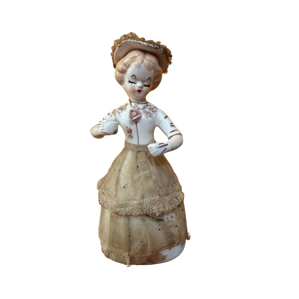 Vintage Porcelain Lady Figurine Lace Skirt Gold Accents Mid Century Collectible